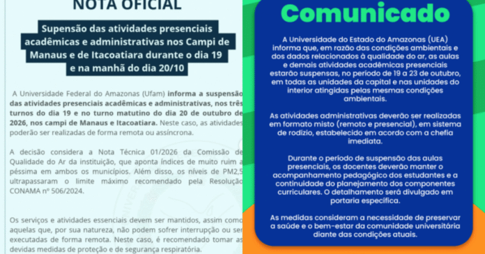 Manaus suspende aulas municipais nesta terça devido à qualidade do ar