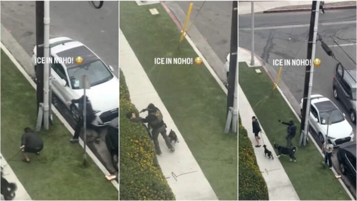 Agente do ICE aponta arma para pedestre durante operação em LA