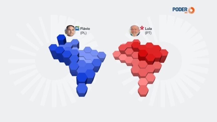 Mapa mostra intensidade de votos em Lula e Flávio por Estado