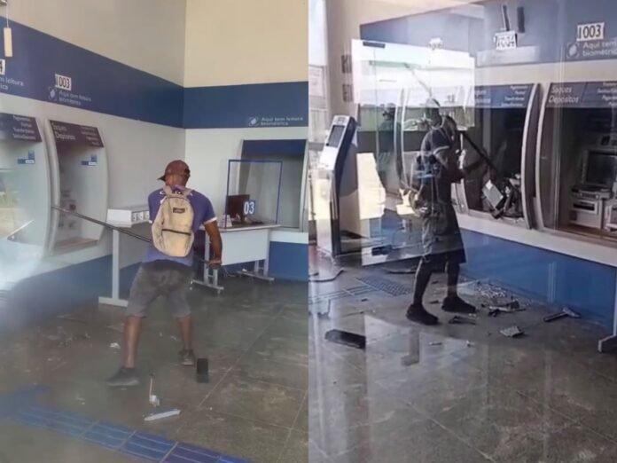 Vídeo mostra homem quebrando caixa eletrônico com barra de ferro em RO
